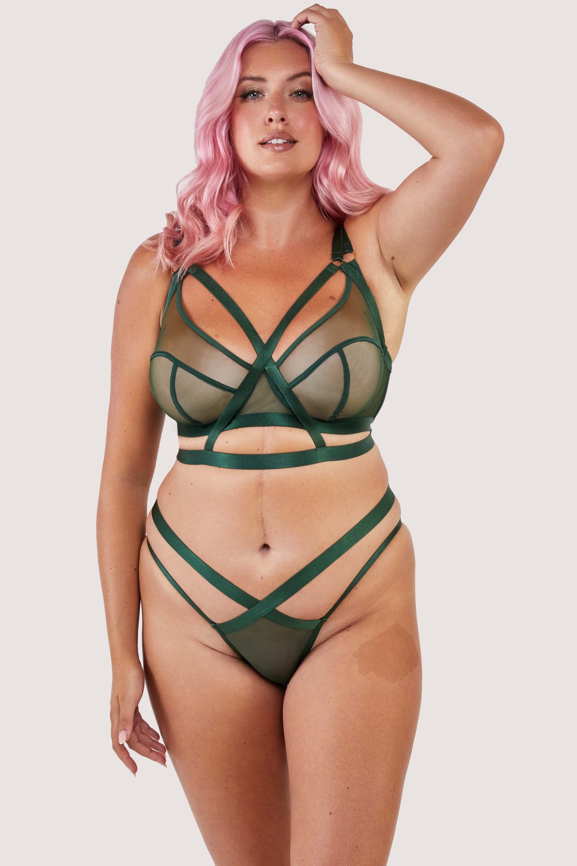 Green satin harness style brazilian brief.