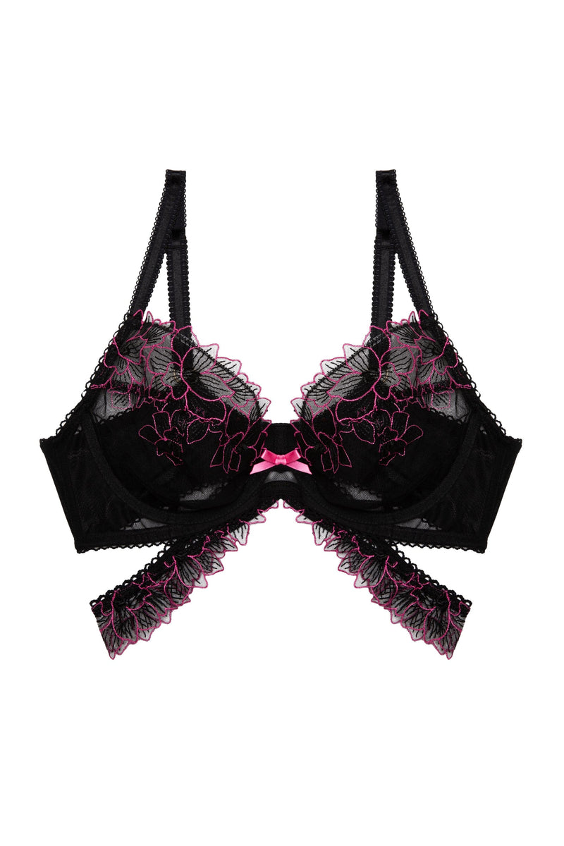 Eliza Black And Hot Pink Floral Embroidered Plunge Bra