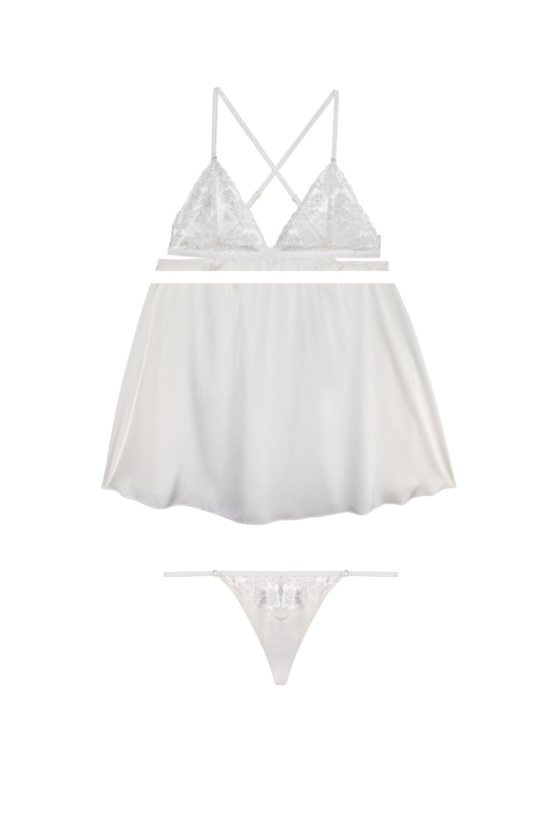 Lola White Satin Babydoll and Thong Set