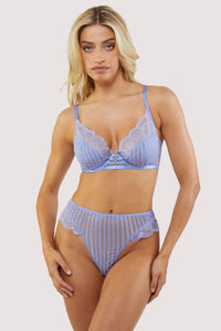 Saretta Cornflower Blue Stripe Mesh and Lace Plunge Bra